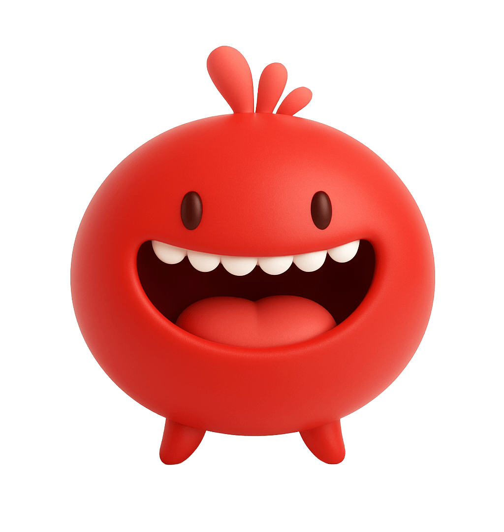 personagem hemarcia - circular, vermelha e fofinha com uma crista na cabeça