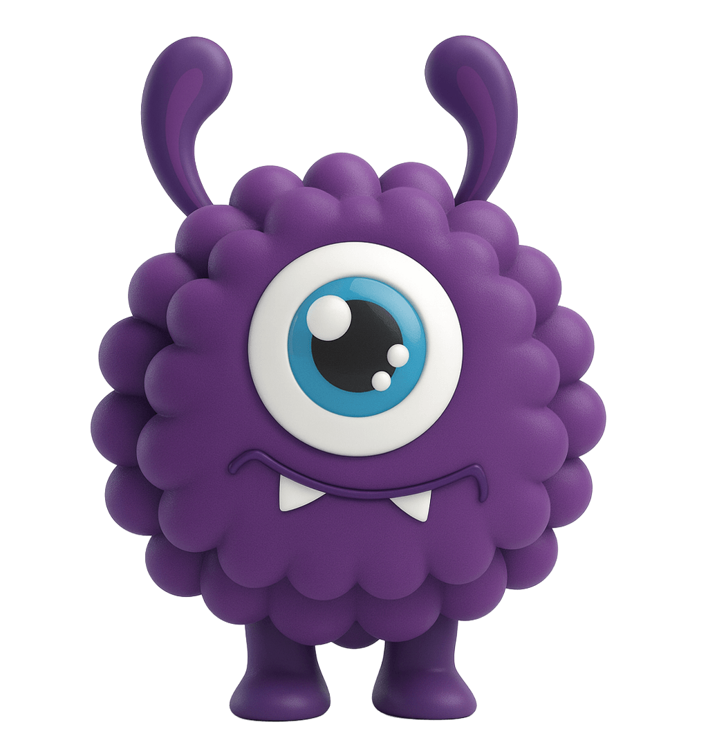 personagem leucovandro - circular, roxo e fofinho com uma juba de leão